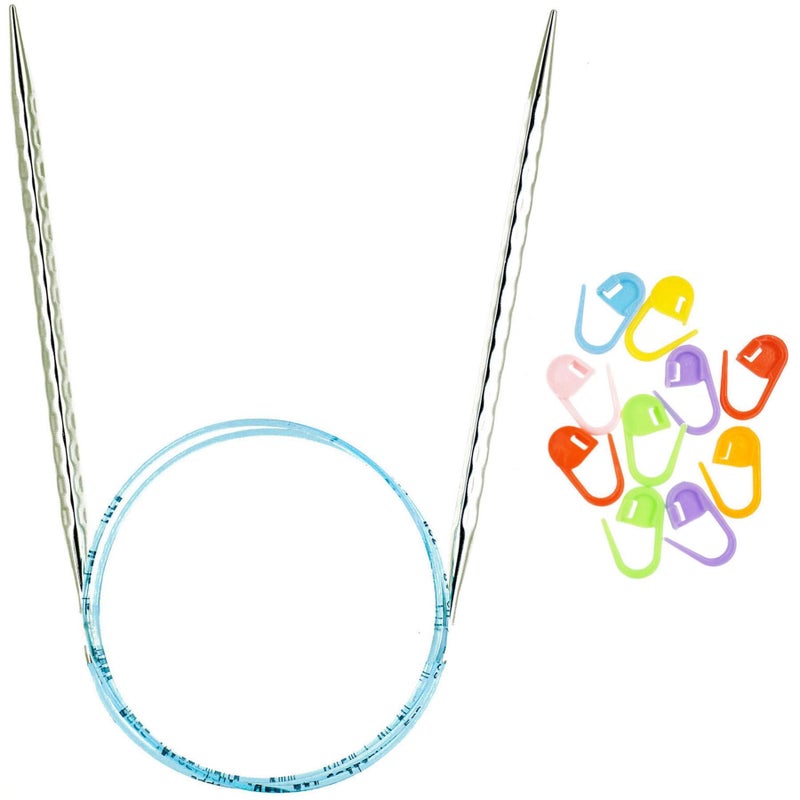 addi Rocket 2 Squared Ergonomic 32-inch (80cm) US 4 (3.5mm) Circular Knitting Needle, Textured Finish, Rounded Edges, Long Taper Sharp Tips, Blue Cord with 10 Colorful Stitch Markers - Image 1
